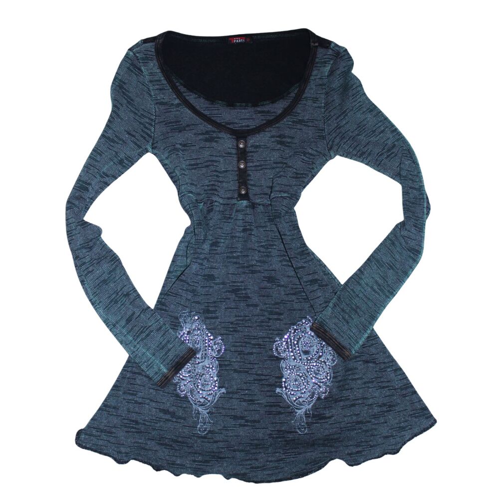 T Party Fashion Teal Rhinestone Gothic Tunic Dress Small Y2K Style